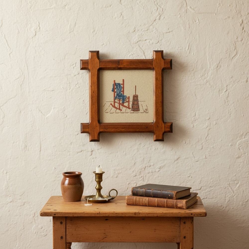 Vintage 1982 Cross Stitch Rocking Chair-Americana-Folk Art-Rustic Wood Frame